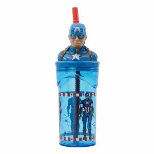 Vaso PVC con caña flexible y figura 3D del Capitán America 360ml 74866